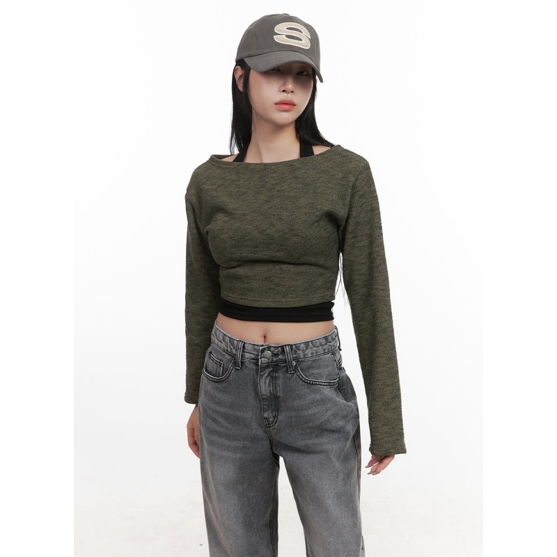 Off-Shoulder Long Sleeve Crop Top CJ517