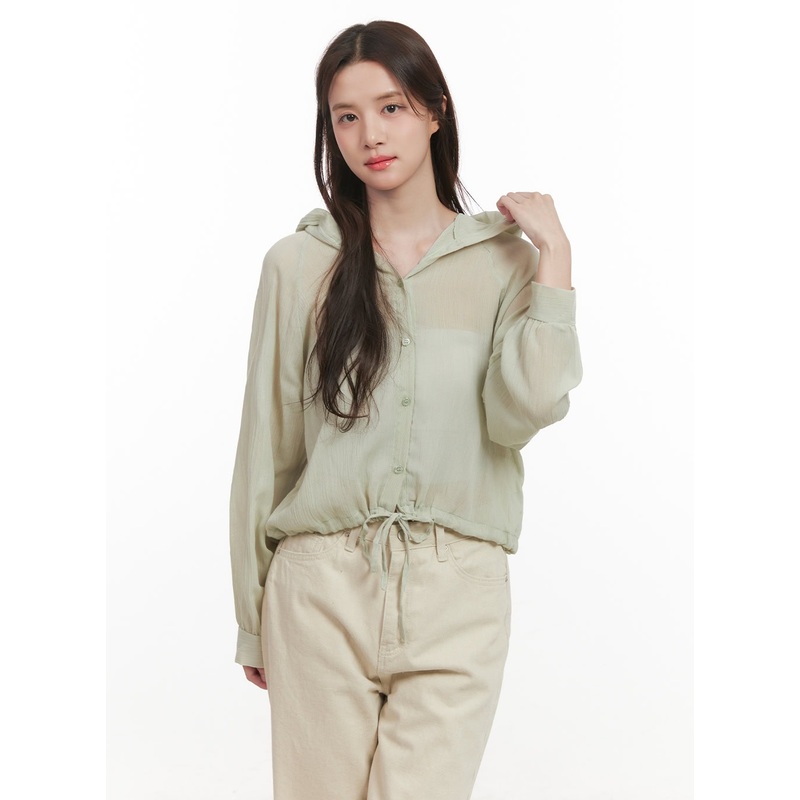 Sheer Hooded Button-Up Blouse CJ515