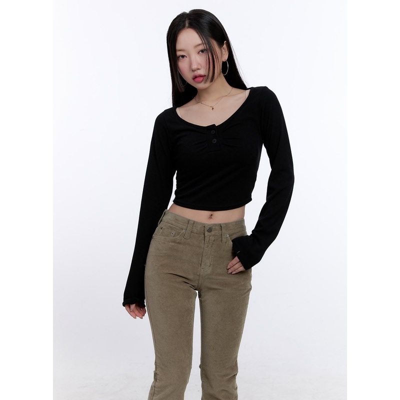 Shirred Long-Sleeve Buttoned Crop Tee CJ513