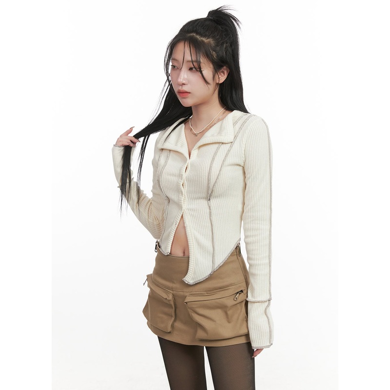 Stitched Collared Crop Cardigan CJ516