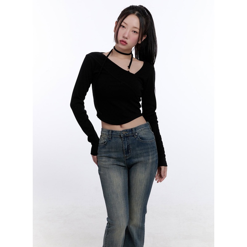 Strappy Long-Sleeve Halter Crop Top CJ513
