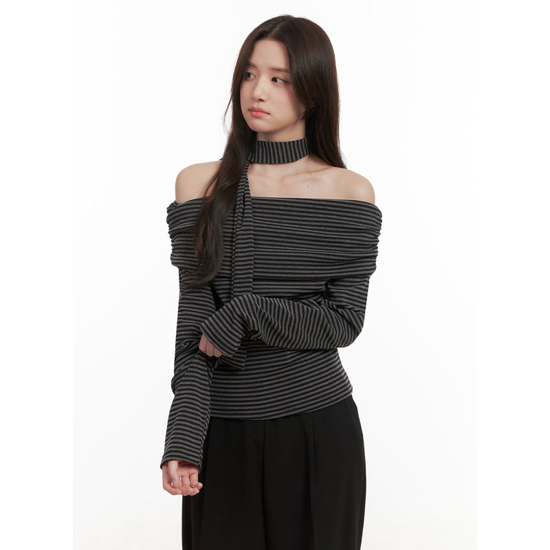 Striped Off-Shoulder Long-Sleeve Top IJ510