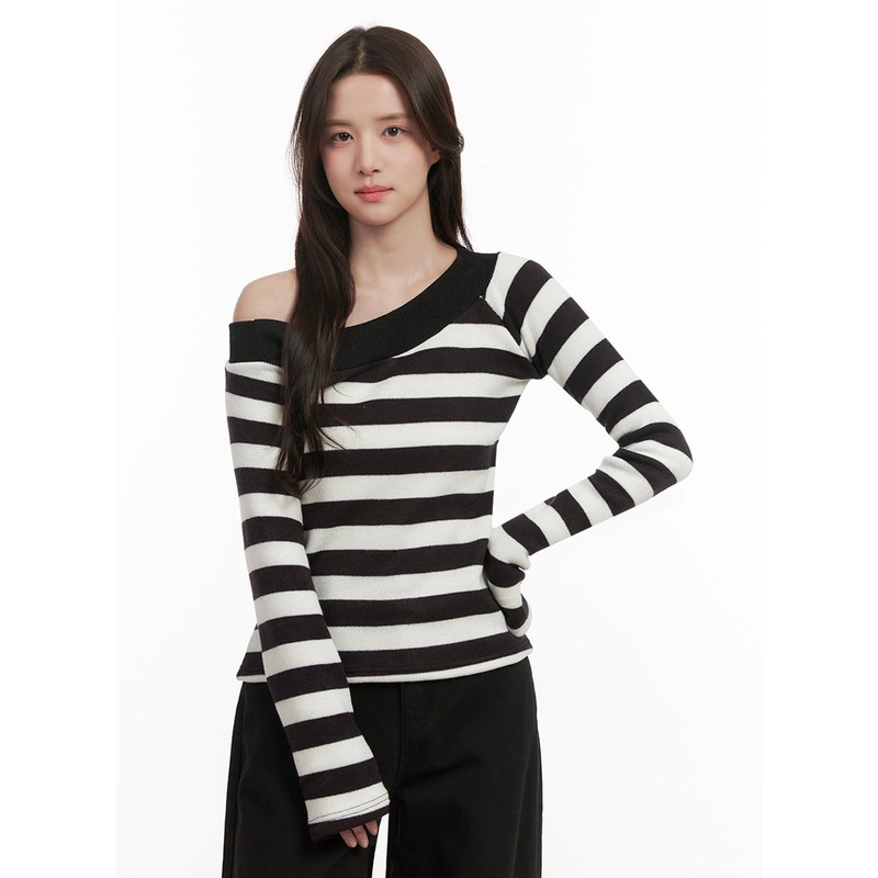 Striped One-Shoulder Long-Sleeve Top IJ510