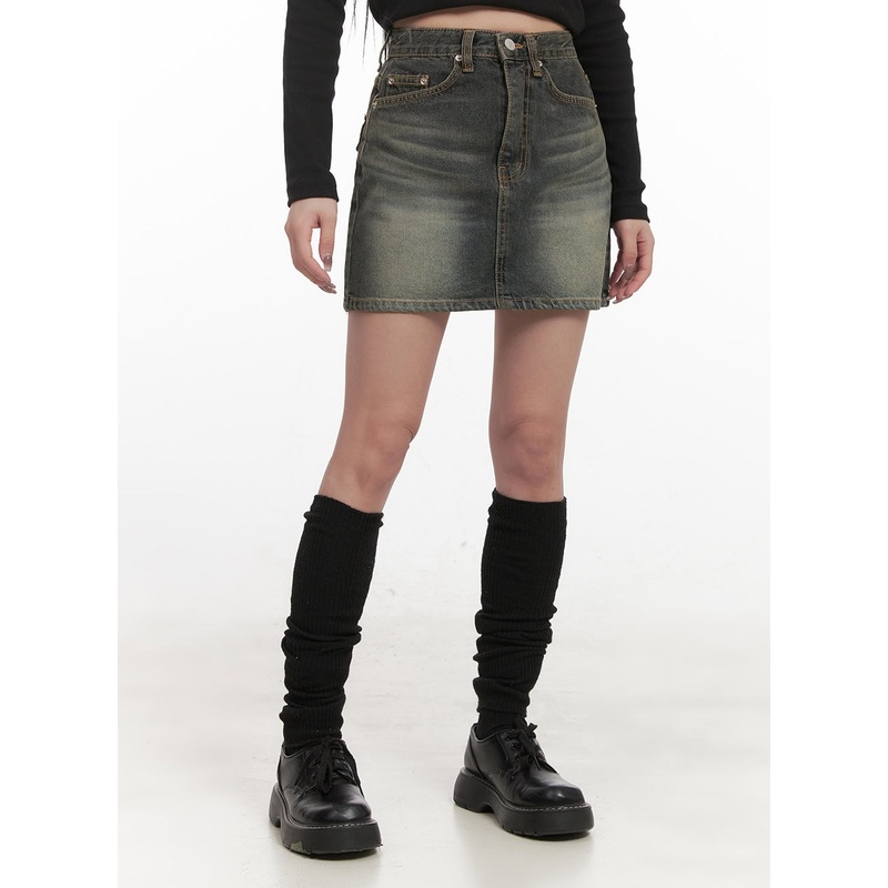 Washed Denim Mini Skirt CJ517|Dark blue|S|M|L