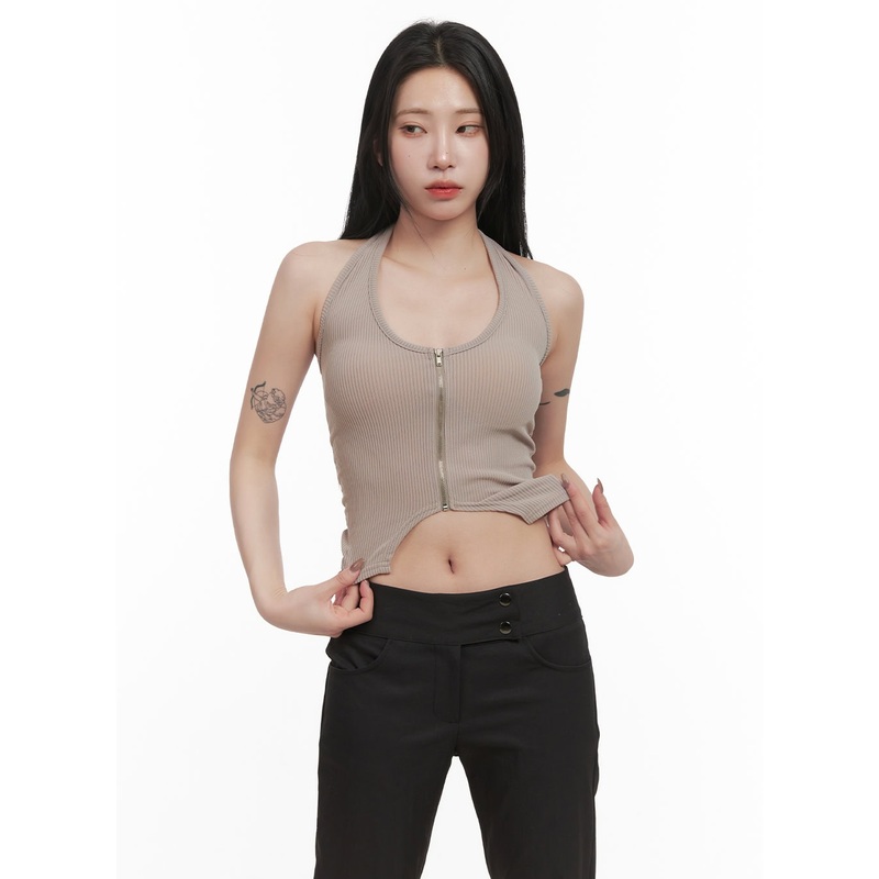 Zip-Up Halter-Neck Crop Top CJ516