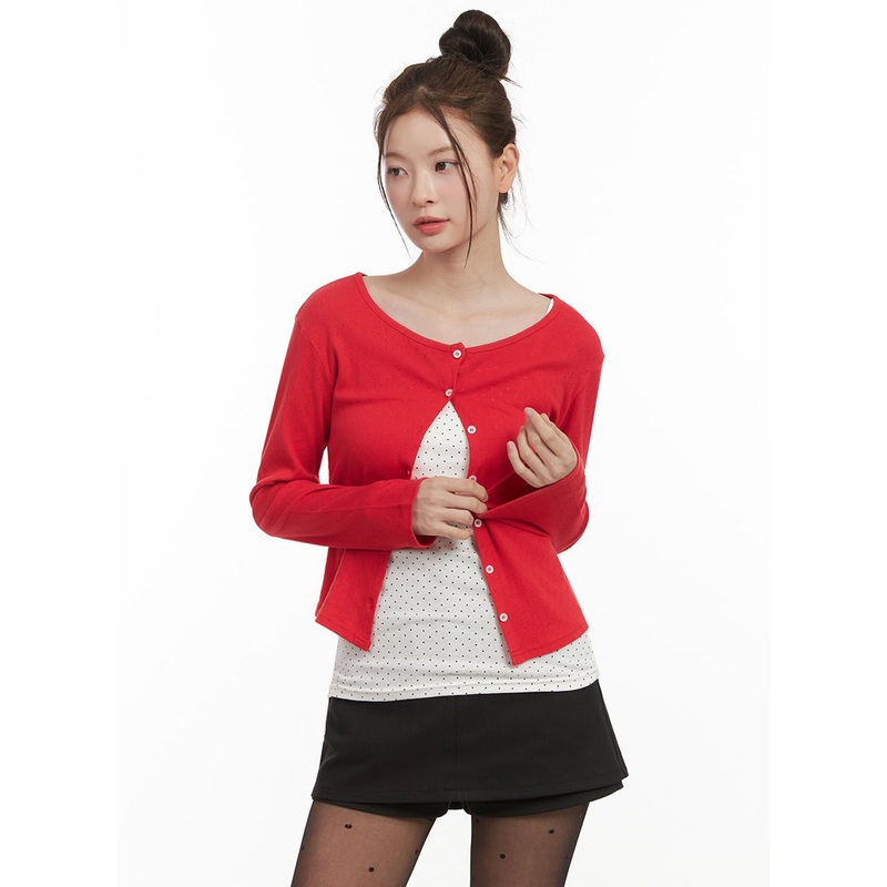 Boat-Neck Crop Cardigan IJ530|Red|White|Light beige|Black|S/M