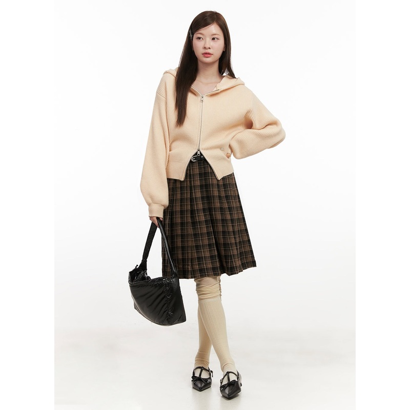 Checkered Pleated Midi Skirt IJ527