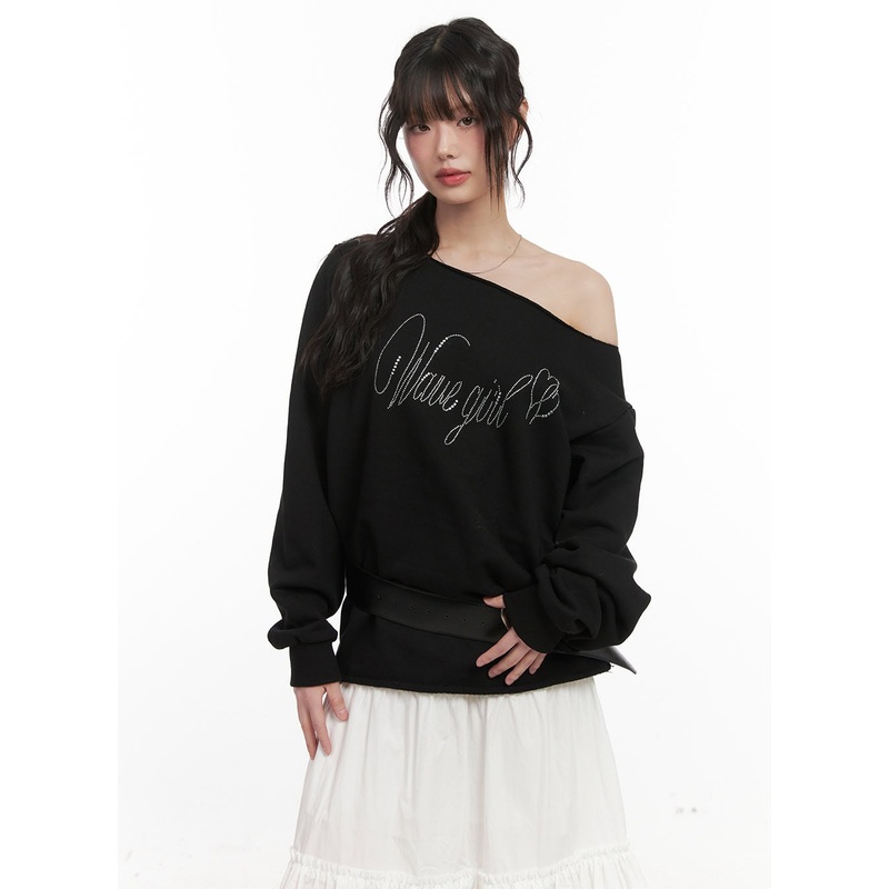 Chic One-Shoulder Studded Sweatshirt CJ523
