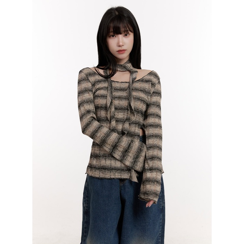 Distressed Striped Sweater with Scarf CJ531
