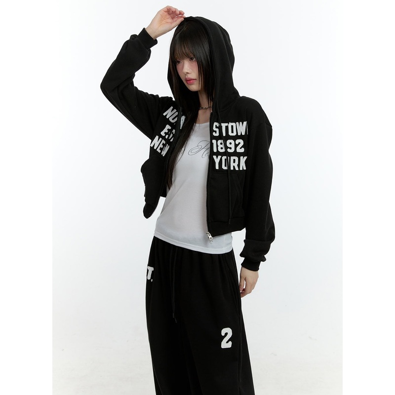 Embroidered Zip-Up Crop Hooded Jacket CF506