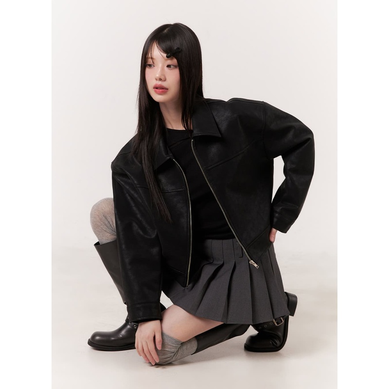 Faux Leather Zip-Up Collared Jacket CJ528