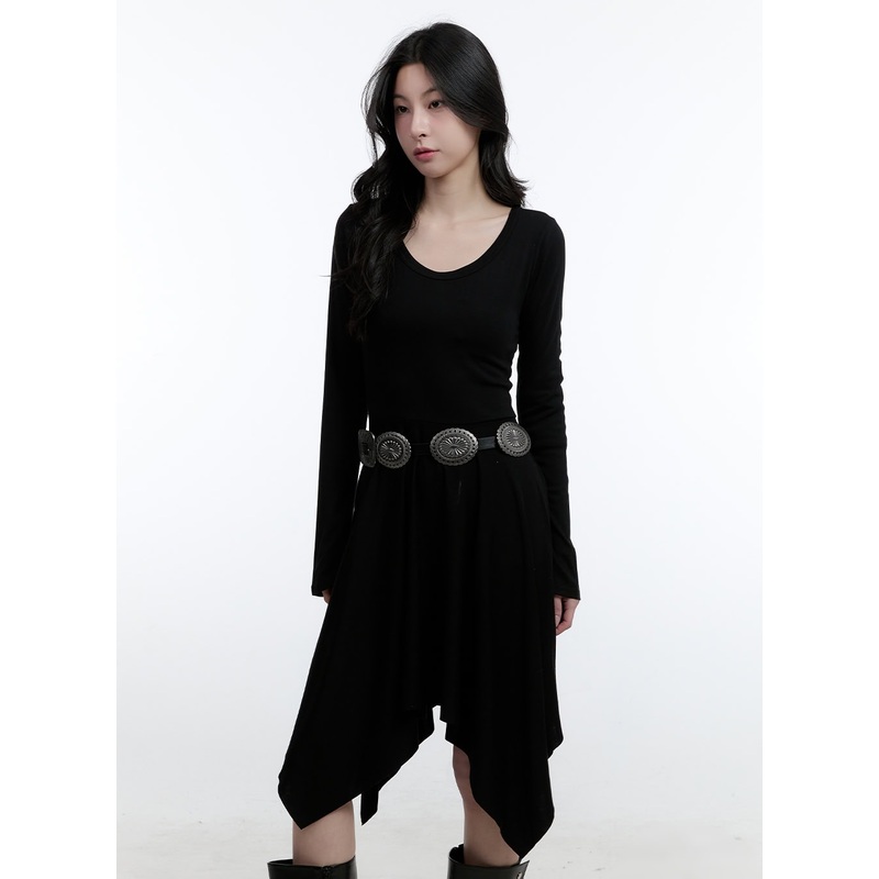 Flared Asymmetric Long Sleeve Midi Dress CJ522