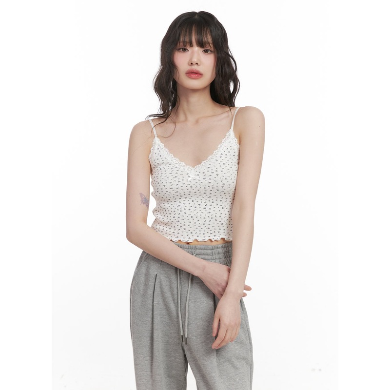 Floral Lace Trim Cami CJ528|Light beige|Gray|Brown|S/M