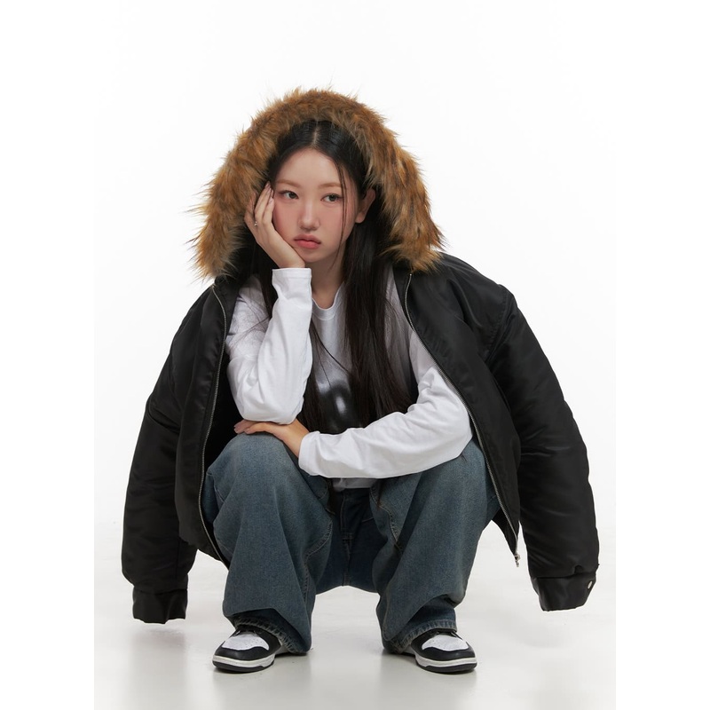 Fur Detail Hooded Bomber Jacket CD411