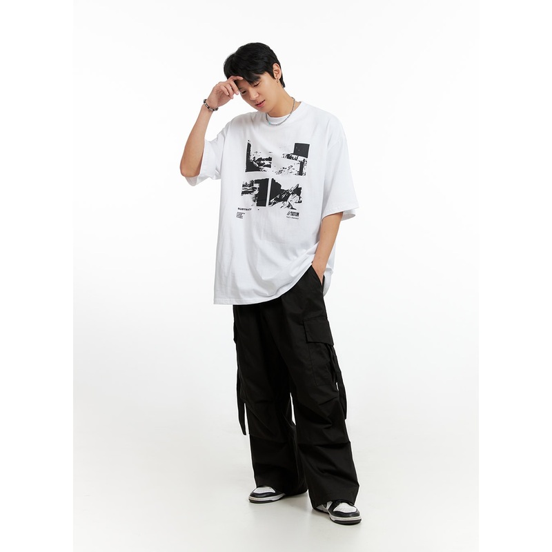 Men’s Cargo Chic Cotton Wide-Leg Pants (Black) IG402