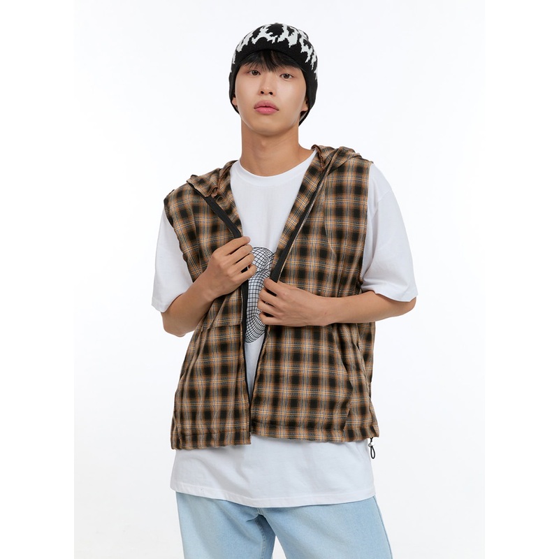Men’s Checkered Zip-Up Hooded Vest IG416