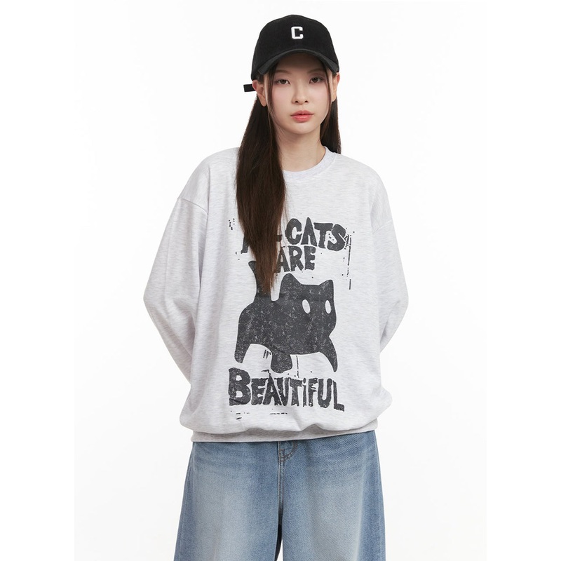 Oversized Cat Graphic Crew Neck IJ527