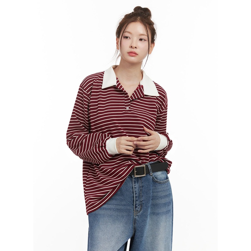 Oversized Stripe Collared Long Sleeve Top IJ527