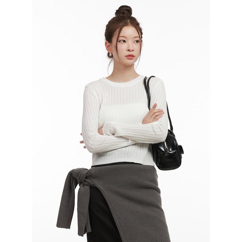 Ribbed Cropped Sweater IF505|White|Beige|Blue|Black|S/M