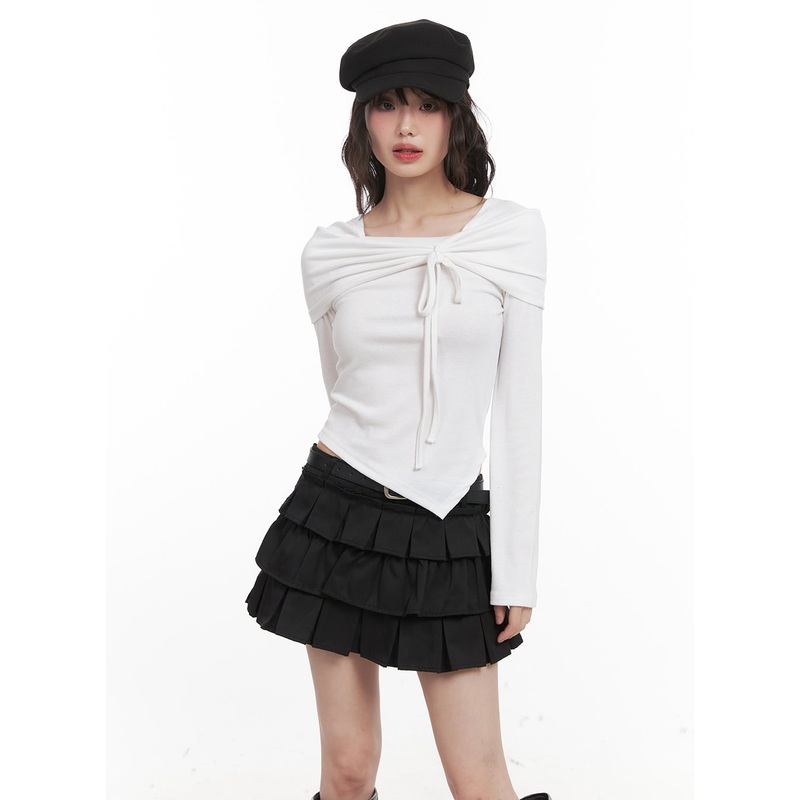 Ribbon Wrapped Asymmetric Long-Sleeve Top CJ523