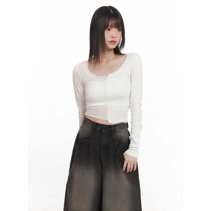 Sheer Asymmetric Long Sleeve Top CJ528