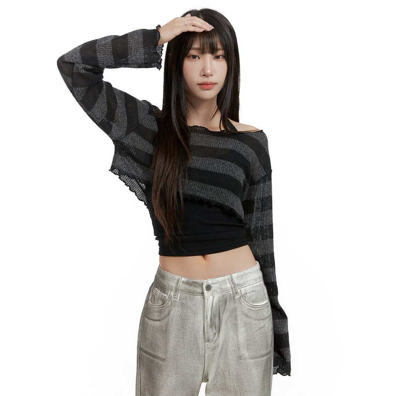 Sheer Striped Crop Sweater CL424