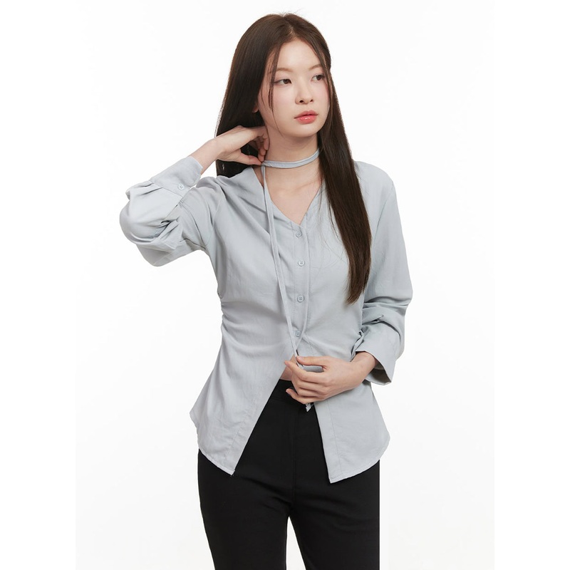 Slim-Fit Button-Down Blouse with Scarf IF505