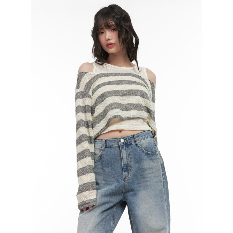 Striped Off-Shoulder Crop Sweater with Tank Top CJ523