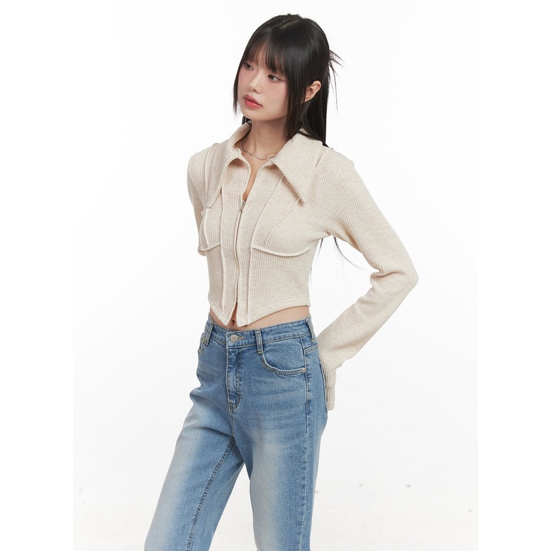 Zip-Up Collared Long-Sleeve Crop Top CJ523