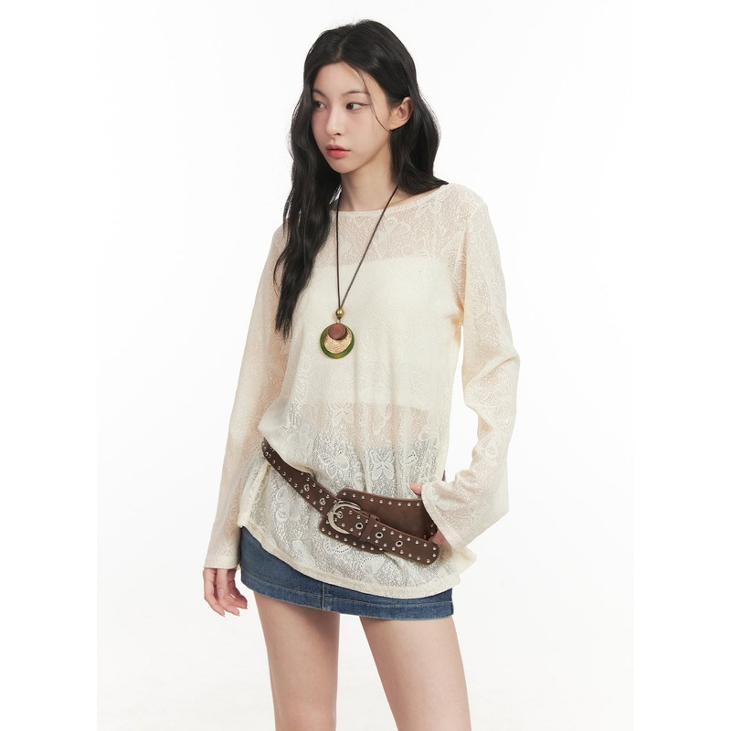 Butterfly Lace Sheer Long-Sleeve Top CF513