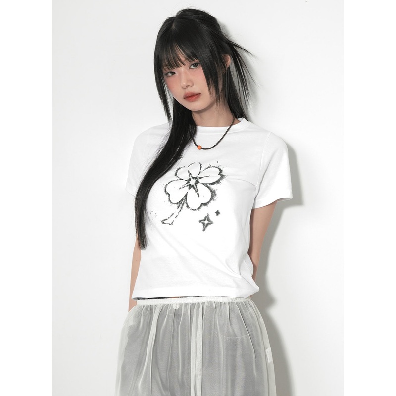Clover Graphic Crop Top CF518|White|Dark green|Black|S/M