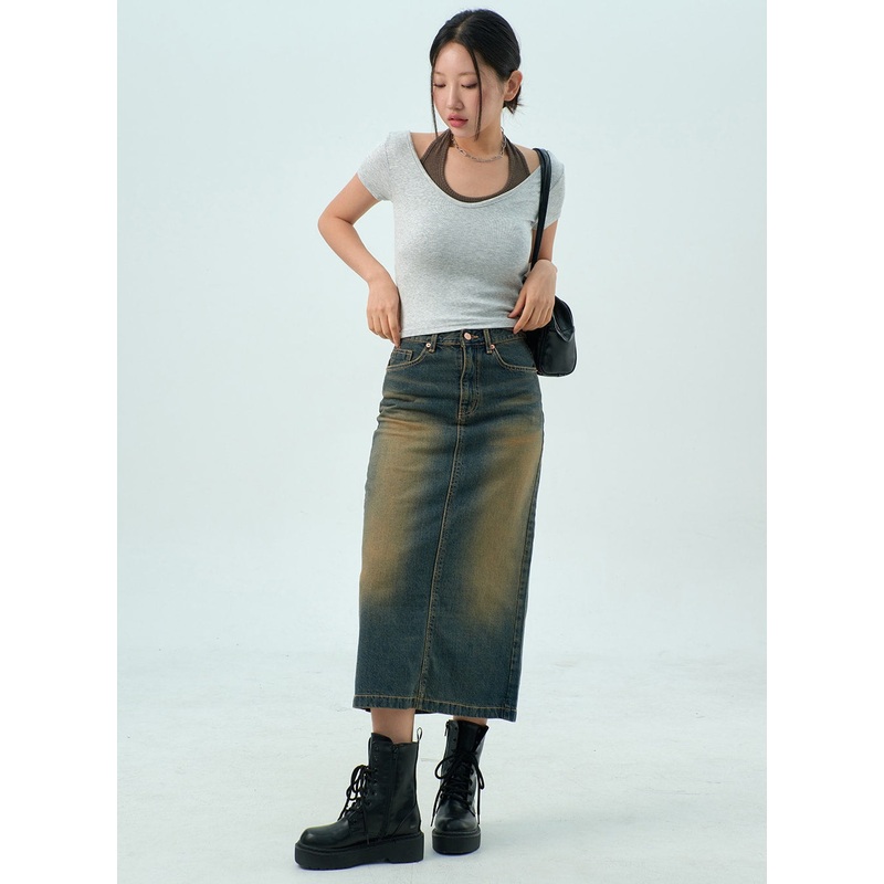 Dark Wash Denim Maxi Skirt CY325