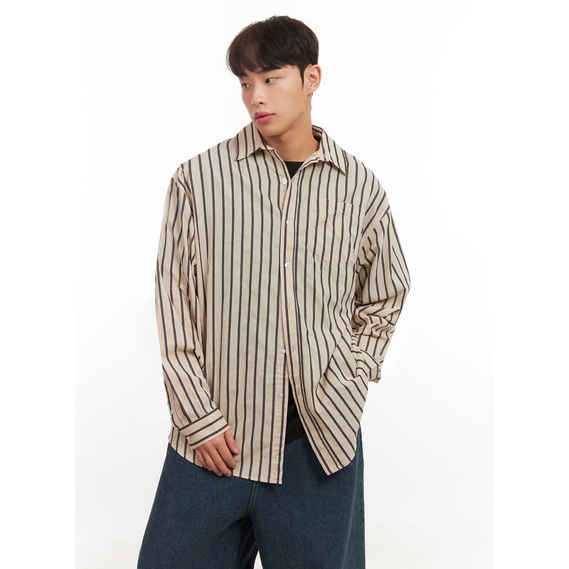 Men’s Oversized Stripe Collared Button-Up Shirt IF521
