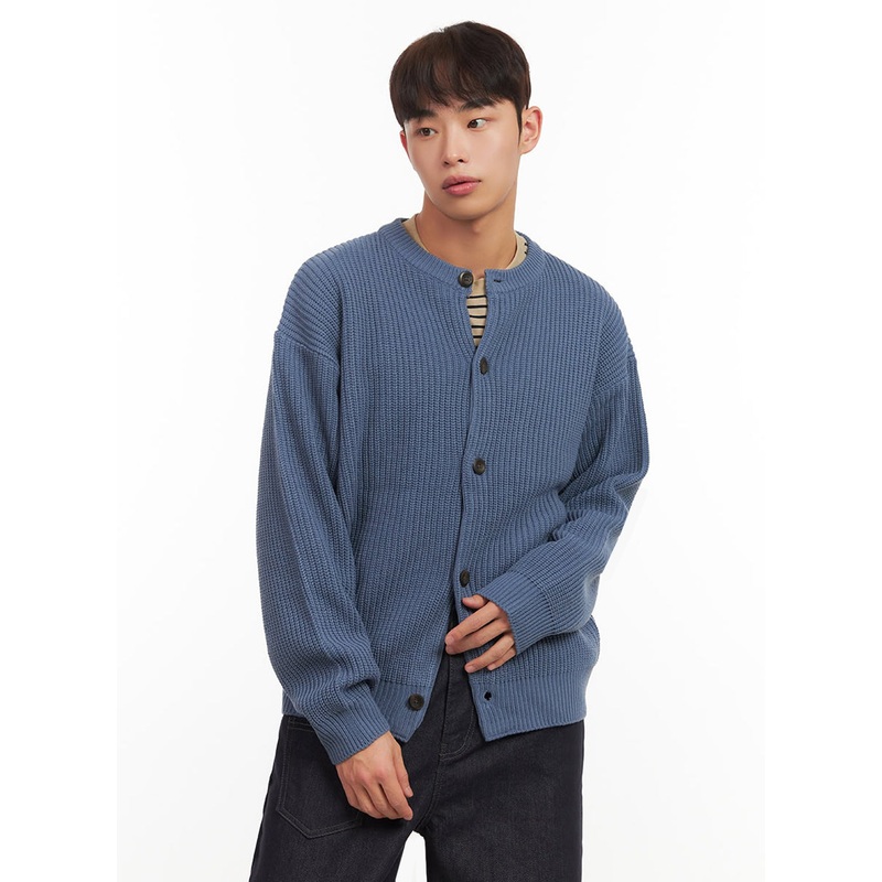 Men’s Ribbed Buttoned Round-Neck Cardigan IF517