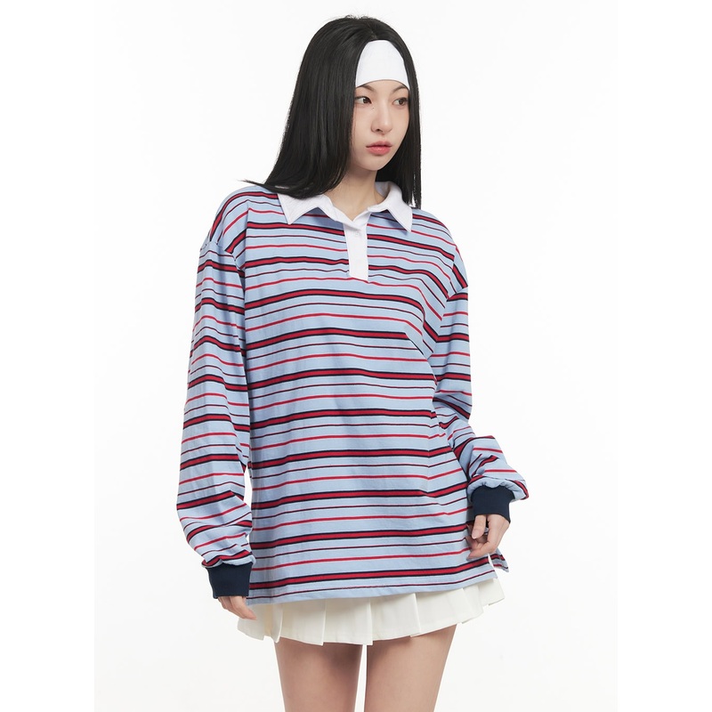 Oversized Striped Long Sleeve Polo Shirt CF514