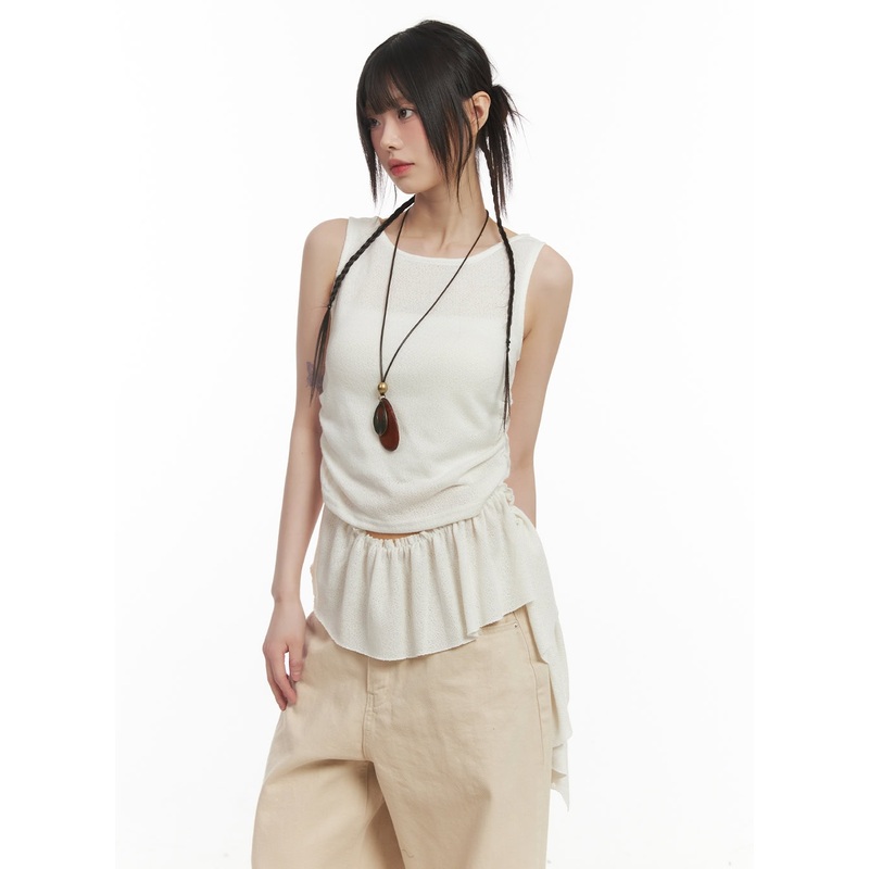 Ruffle Shirred Asymmetric Tank Top CF519