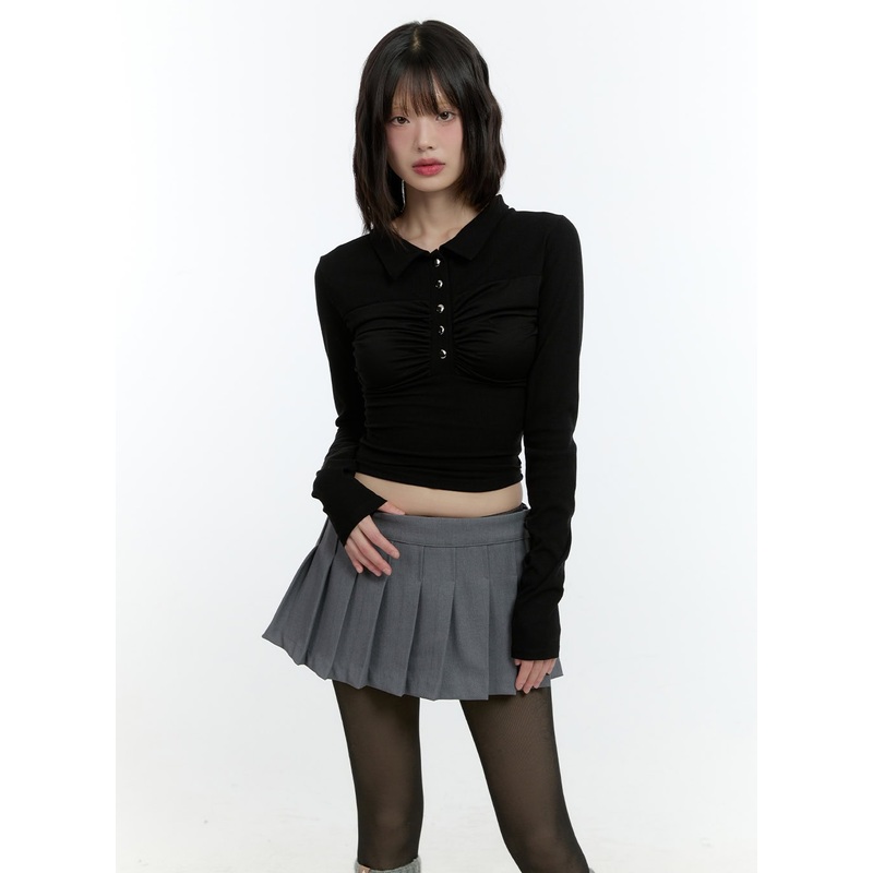 Shirring Long-Sleeve Collared Crop Top CF507