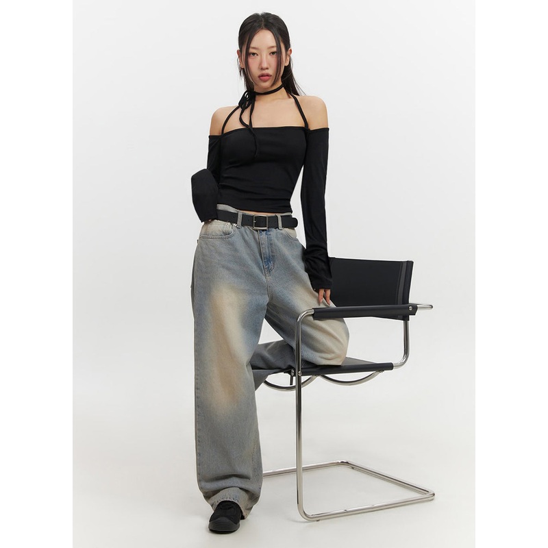 String Off-Shoulder Long-Sleeve Top IF510