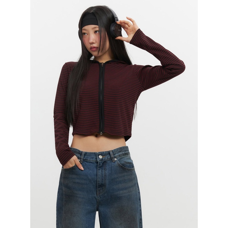 Striped Zip-Up Hooded Crop Jacket IF510