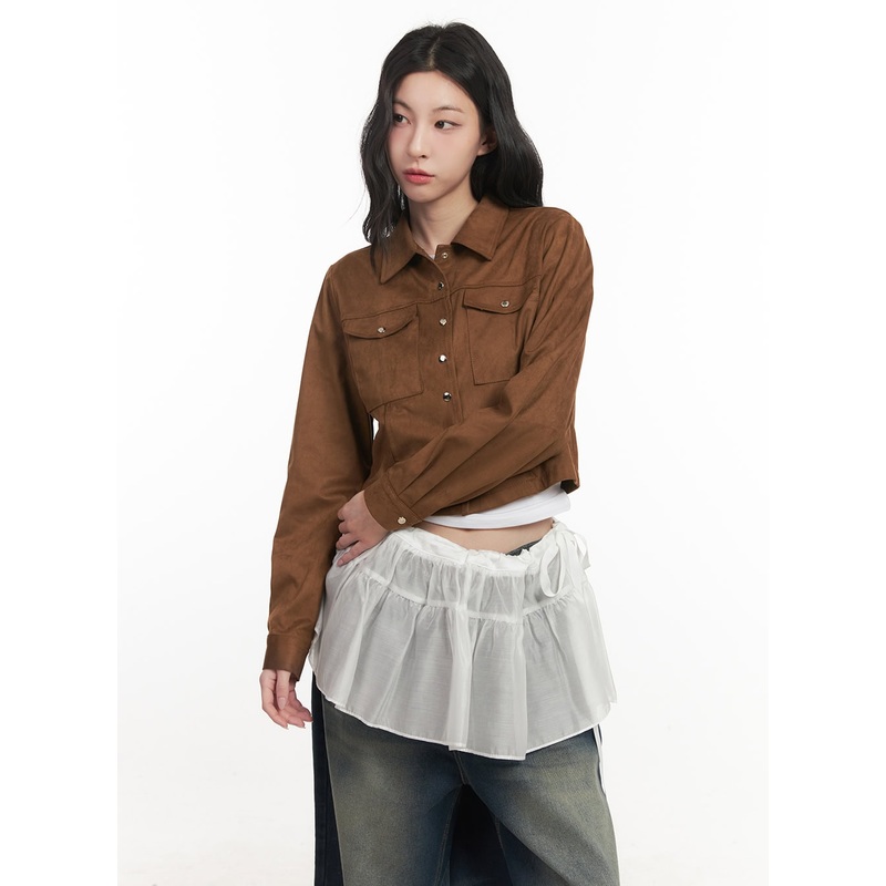 Suede Collared Long-Sleeve Crop Shirt CF513