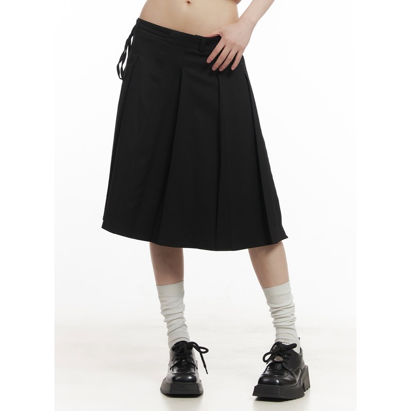 Wrap Pleated Midi Skirt CF518|Black|Dark gray|S/M