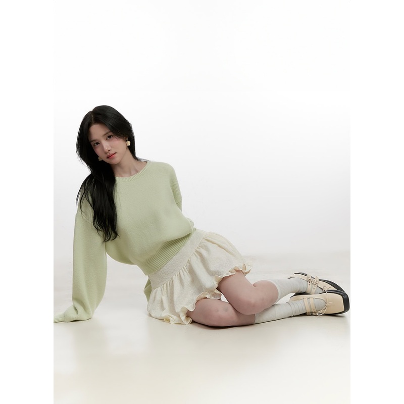 Cropped U-Neck Sweater CF527|Light green|Light orange|Pink|Light blue|Gray|Black|S/M