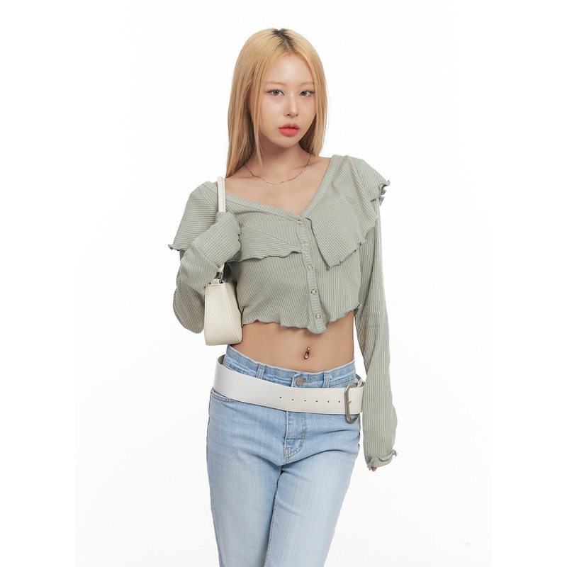 Frill Layered Long-Sleeve Button Crop Top CM505