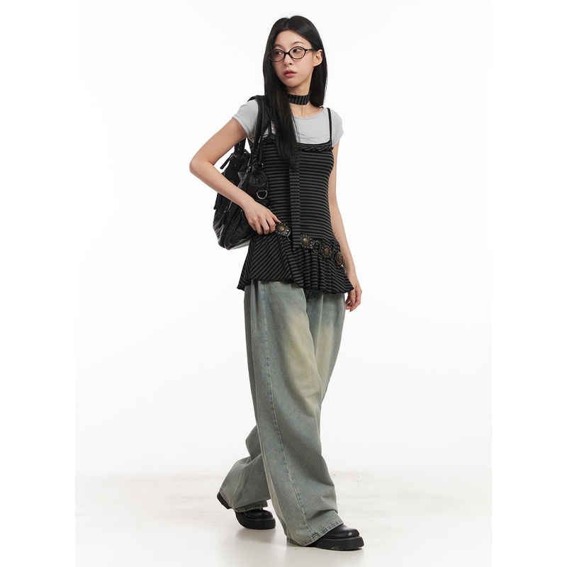 Frilled Stripe Sleeveless Dress & Scarf Set CM504