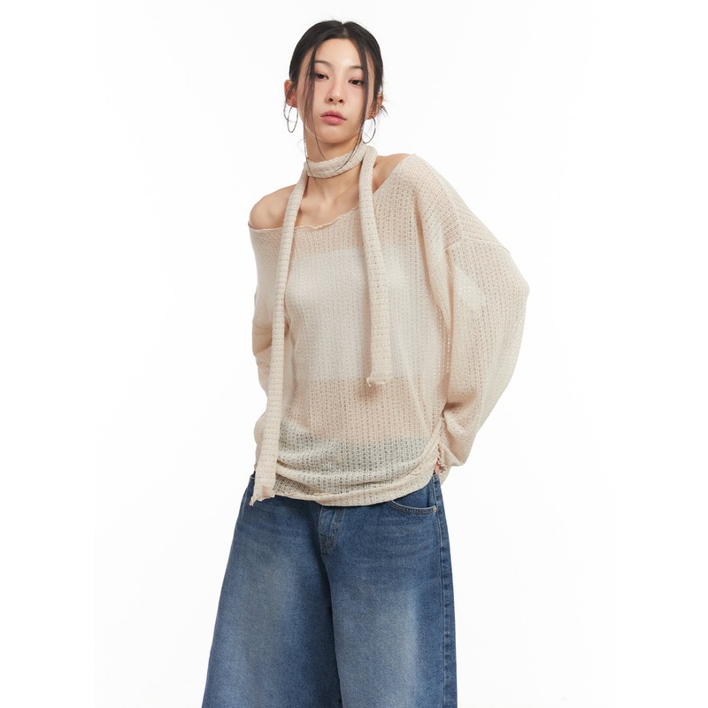 Sheer Off-Shoulder Top with Scarf Set CM503