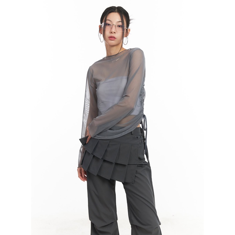 Sheer Shirring Ribbon Long-Sleeve Top CM503