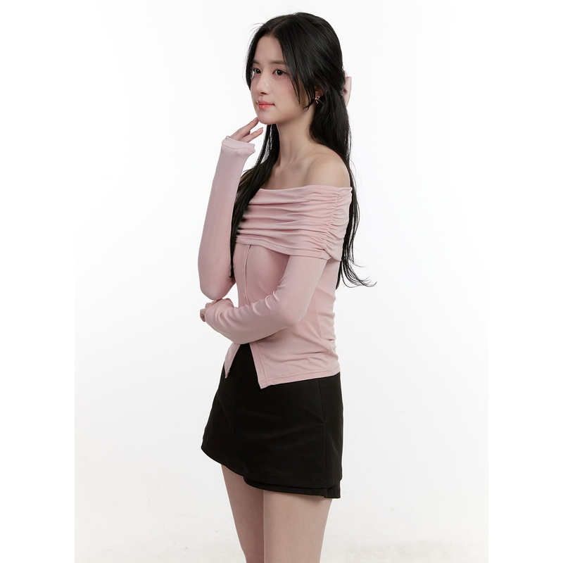 Shirred Off-Shoulder Buttoned Top CF528