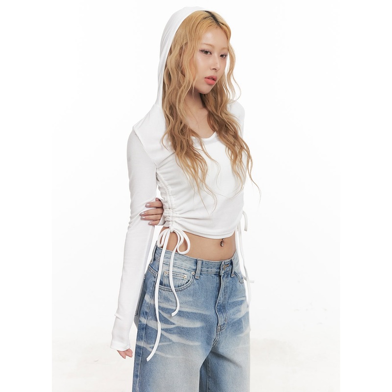 Shirred Ribbon Long-Sleeve Hooded Crop Top CM505