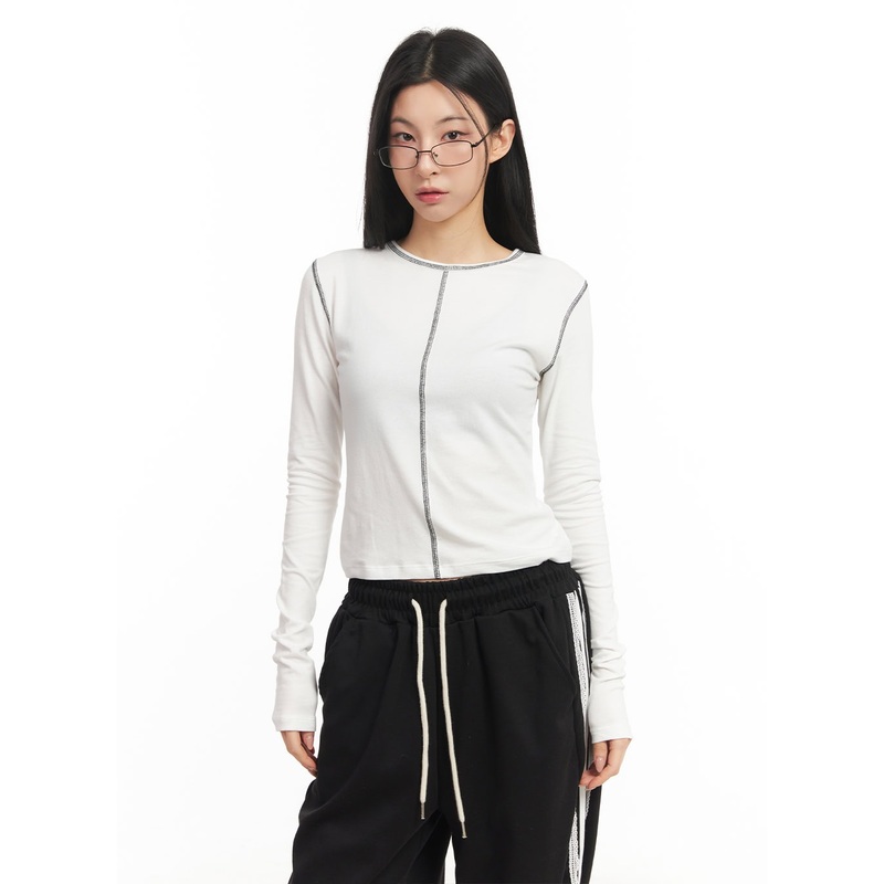 Stitched Long Sleeve Crop Top CM504