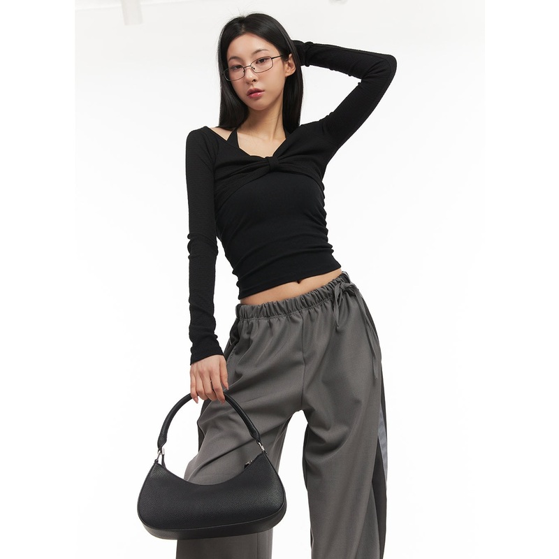 Twist Ribbon Long-Sleeve Crop Top CM503